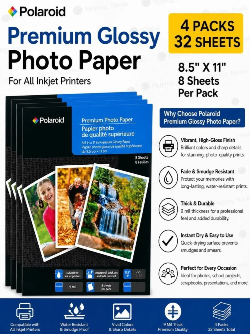 4 Packs of Polaroid Premium Glossy Photo Paper All Ink Jet Printers 8.5 